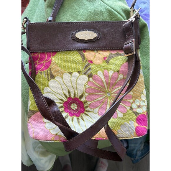 SPARTINA 449 Floral Canvas w. Leather Trim Crossbody Bag Pink/ Green - Picture 7 of 8